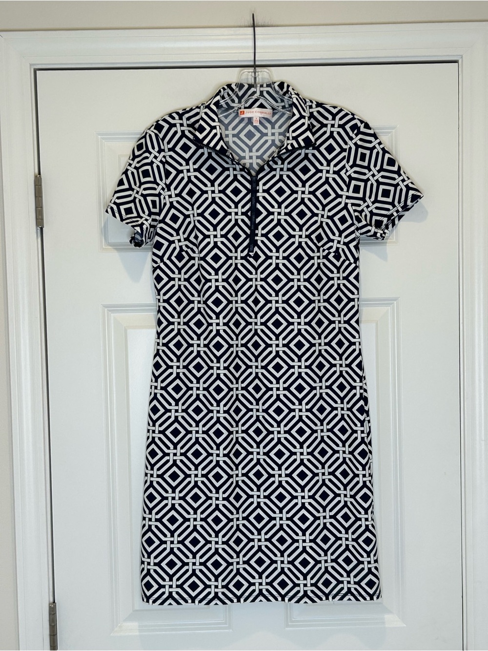 Jude Connally Navy & White Geometric Zip Polo Dress Size S Preppy Palm Beach